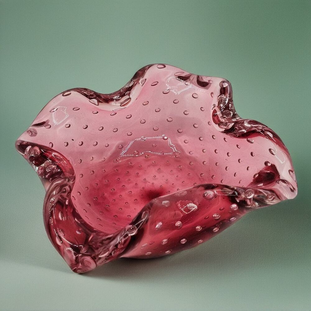 VTG Murano Cranberry Bullicante Art Glass Dish Controlled Bubble Trinket Tray
